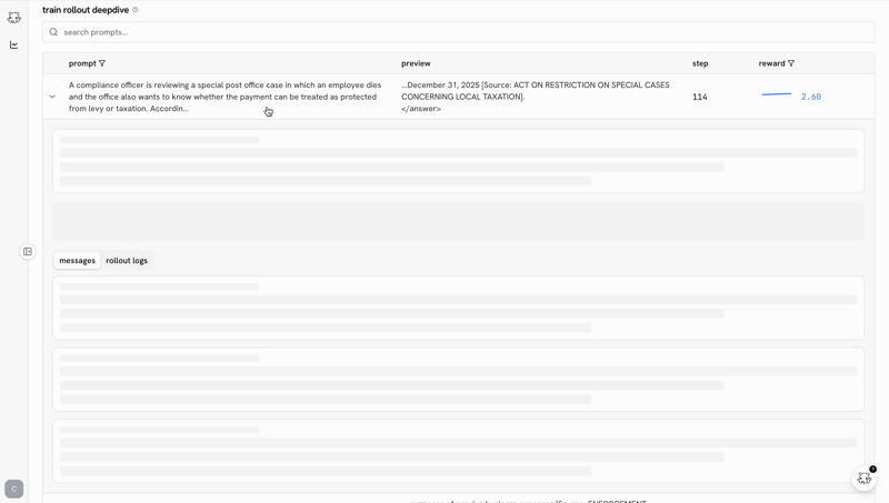 model output inspector showing prompts, tool calls, and reasoning traces