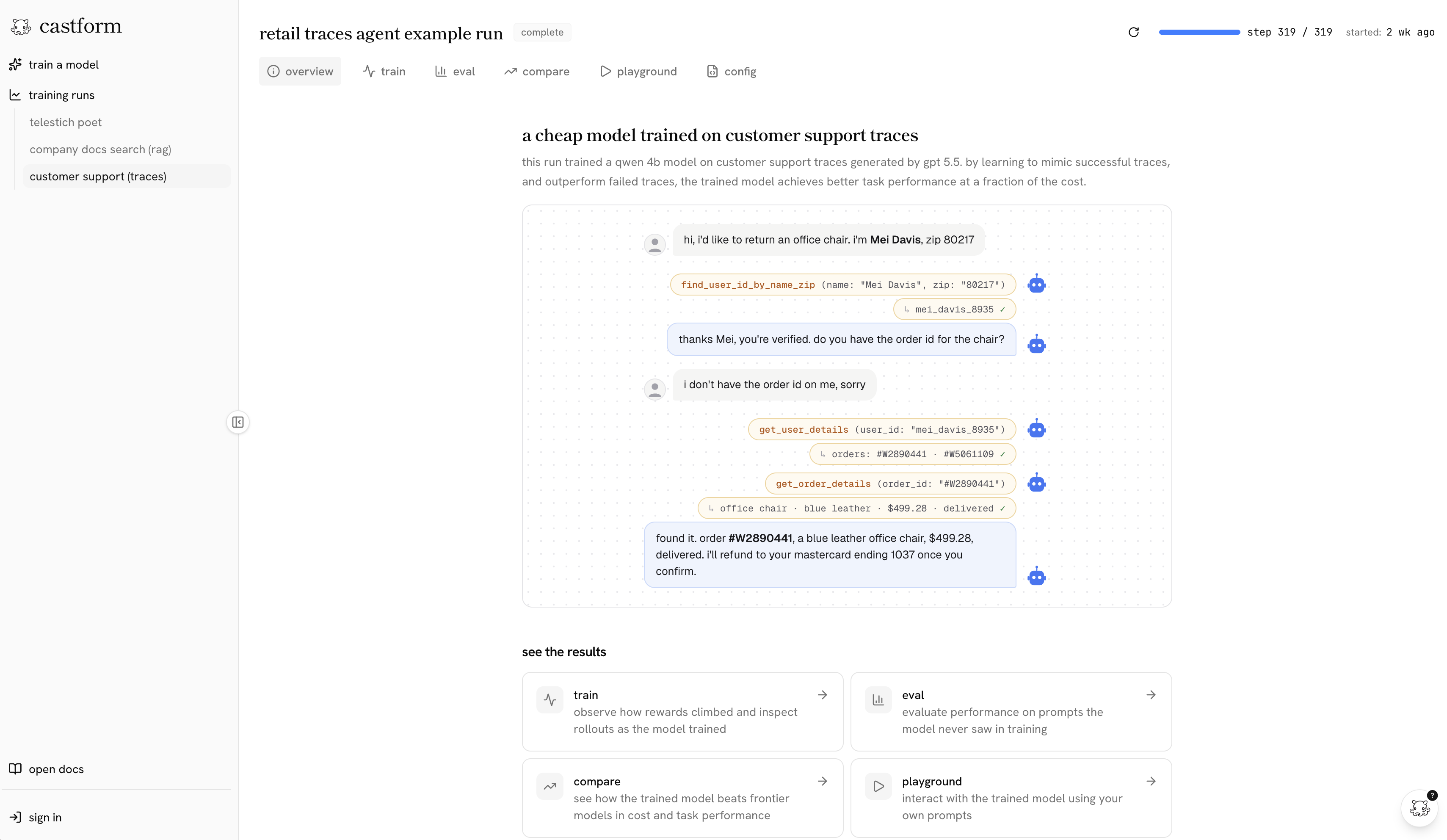 an example run overview: a rag model answering questions over a docs corpus, showing the searches it ran and a grounded, cited answer