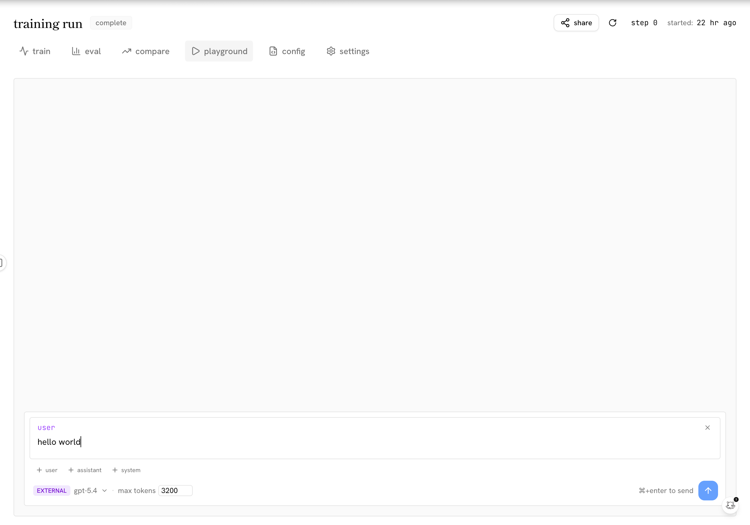 playground tab showing a chat interface with the trained model