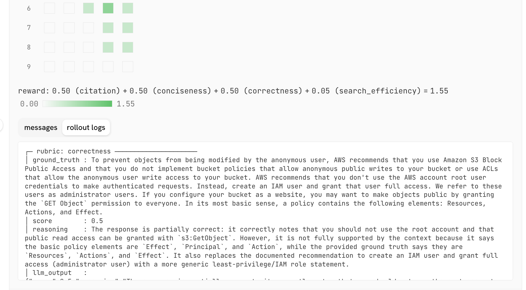 the rollout logs tab showing a rollout's log stream and reward breakdown