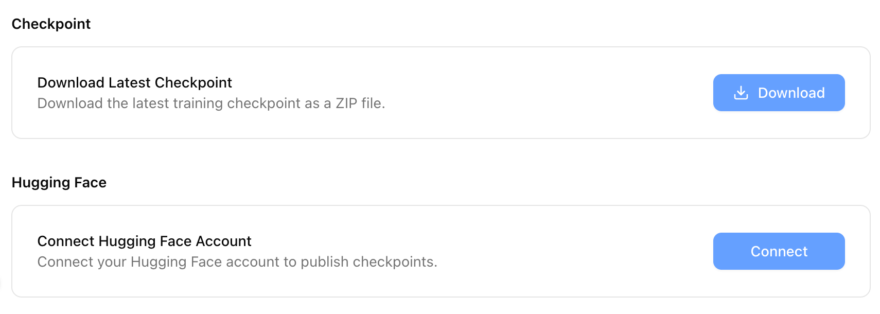 settings page showing checkpoint download and hugging face integration