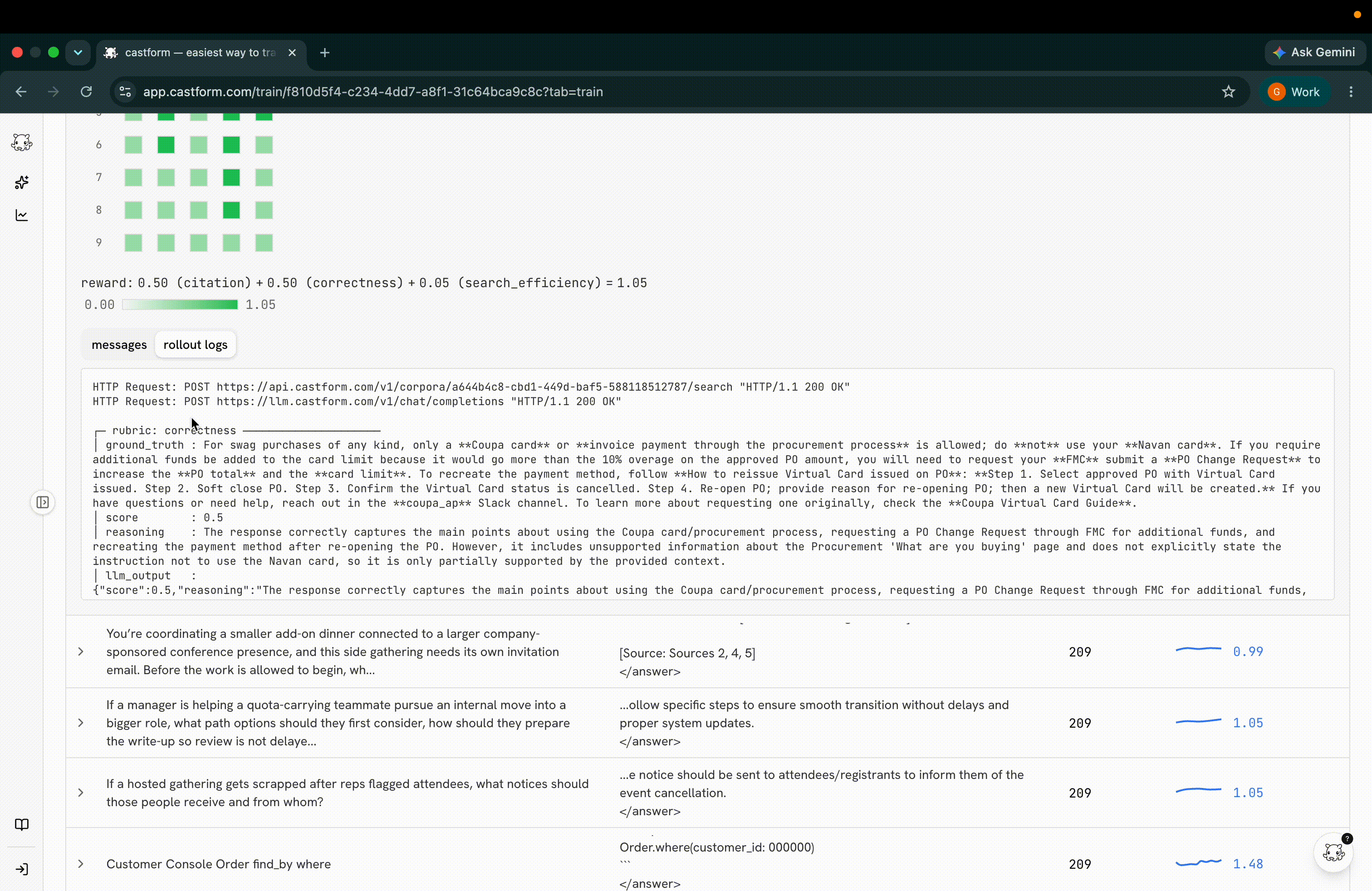 environment logs showing tool calls and reward function outputs