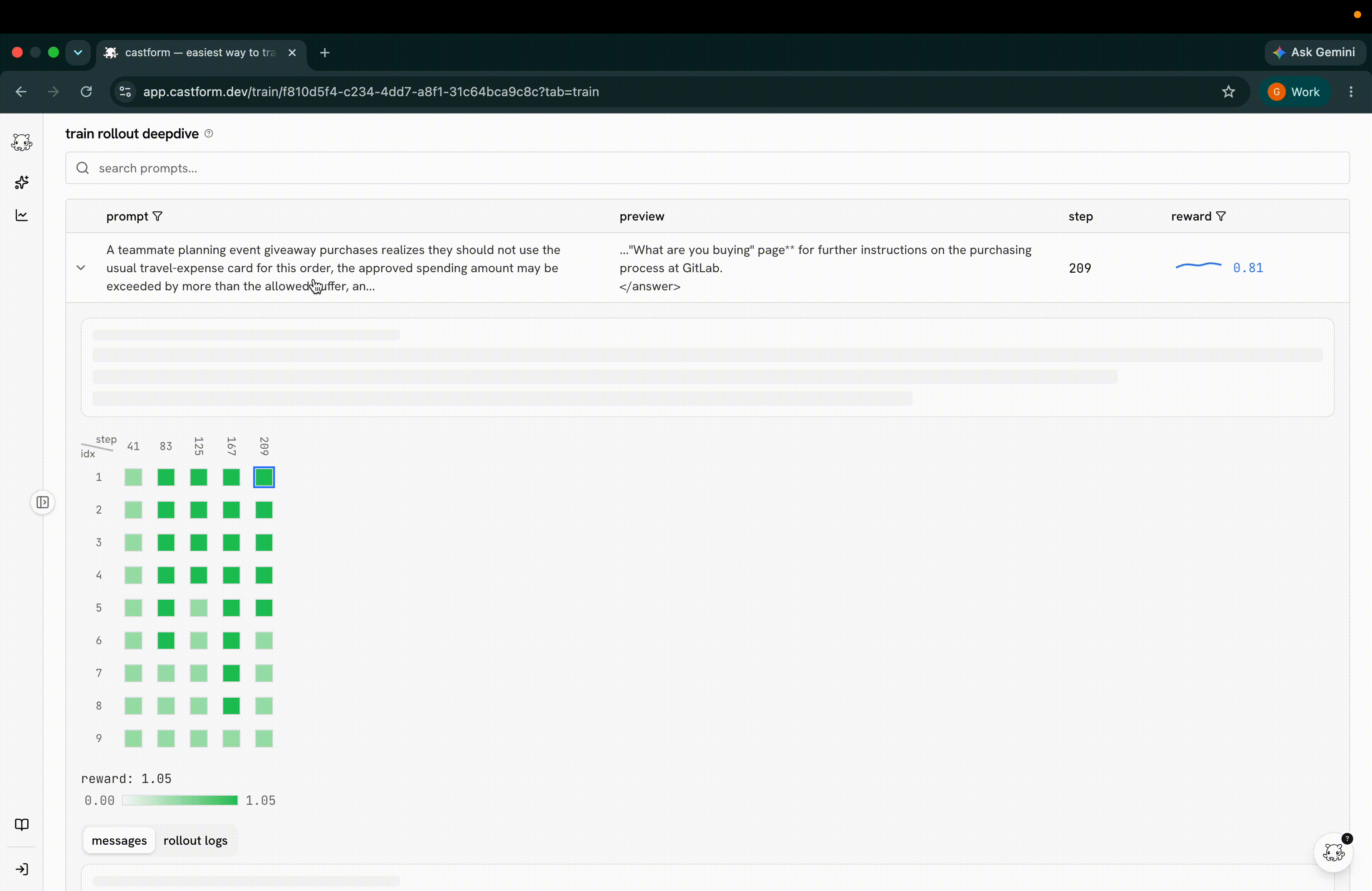 rollout viewer showing sampled model completions sorted by reward