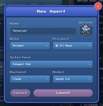 new agent modal with interface, name, sprite, role, and project selectors